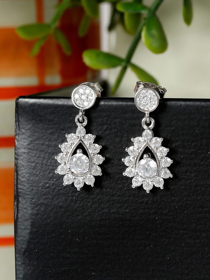 Silver Toned Cubic Zirconia Stone Studded Contemporary Drop Earrings - Stylishever