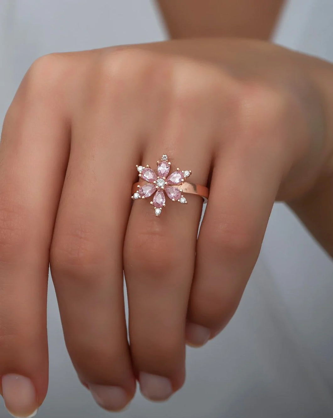 Pink Stone Floral Silver Ring - Stylishever