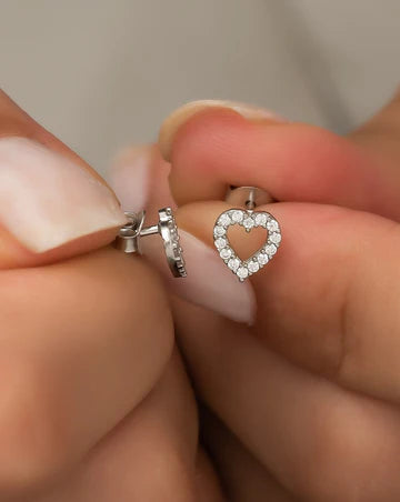 Tiny White Stone Heart Silver Earrings - Stylishever