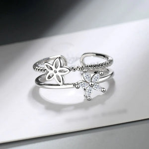 Double Layer Flower Hollow Inlaid Zircon Silver Ring - Stylishever